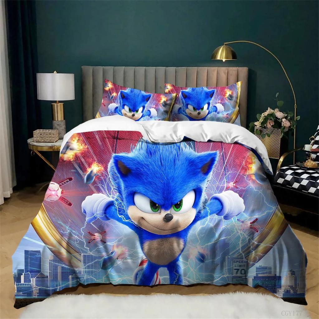 Cartoon Sonic Bedding Set, 3D Soft Duvet Cover Set 2/3pcs, All Season Comfortable Quilt Cover for Kids Boys