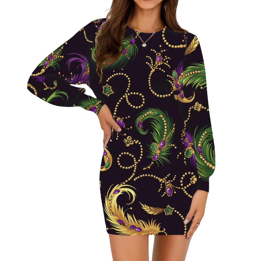 Damen Mode lässig Rundhals Langarm Karneval Druck Kleid