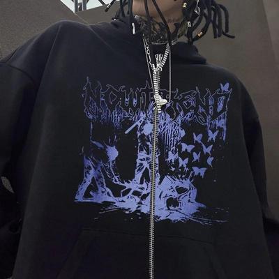 Gothic Style Zipper Oversize Hoodie Casual Gradient Jacket