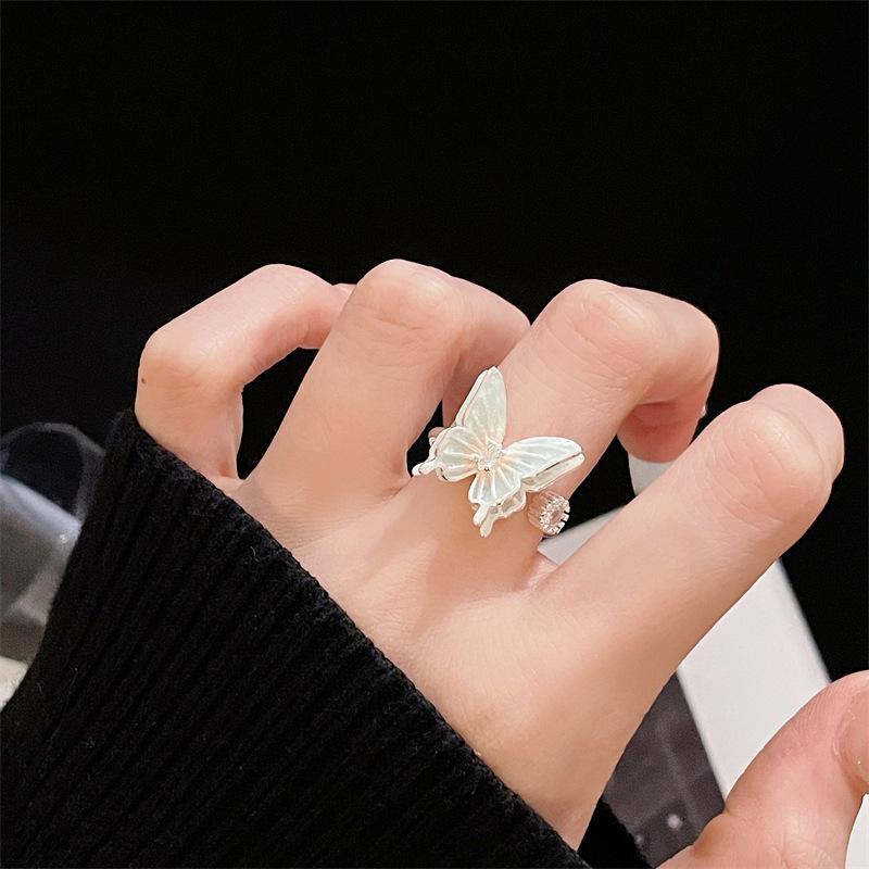 Light Luxury Silver Enamel Butterfly Open Ring Niche Design Sweet Romantic Personality Female Accessories Creative Ring