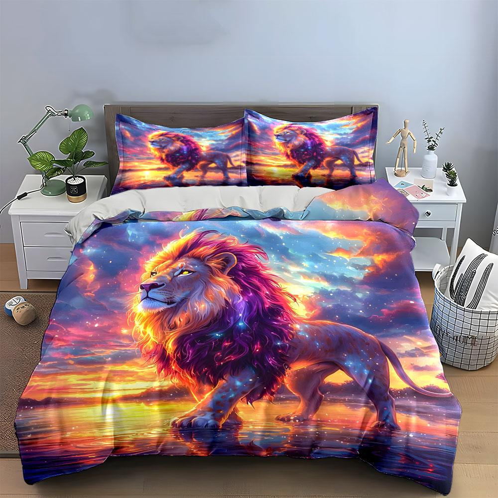 Majestic Sunset Lion Print Bedding Duvet Cover Set  (1*Duvet Cover 2*Pillowcases, Without Duvet Insert)