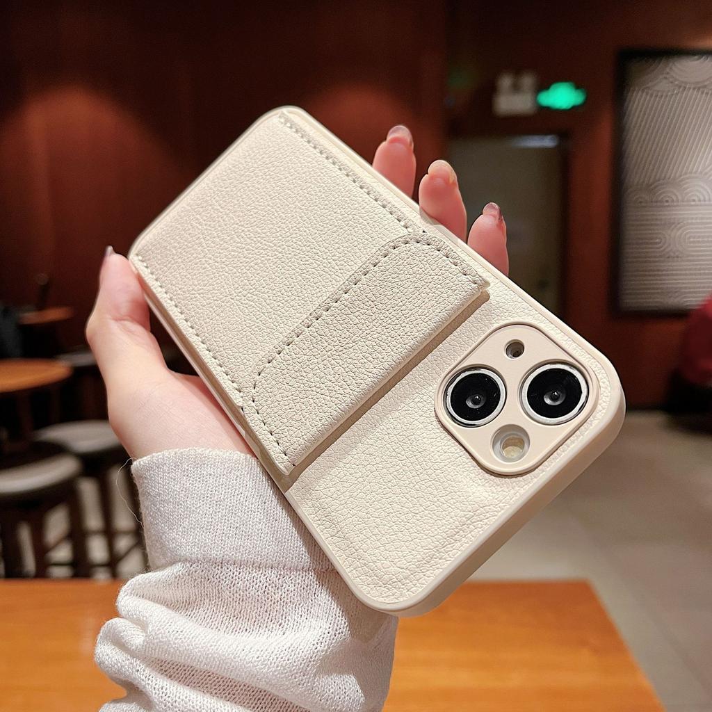 Lychee Pattern Is Suitable for Apple 17promax Mobile Phone Case Card Bag Iphone15 Simple 12 Plain Leather All-inclusive Protective Case.