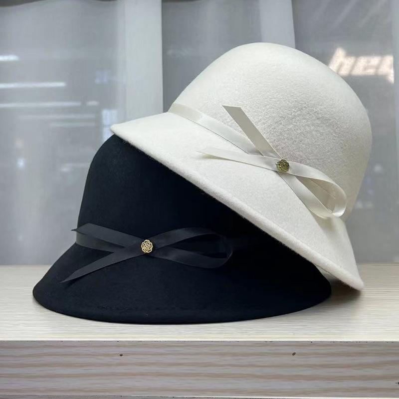 White Thin Belt Bow Wool Bucket Hat High-end Temperament French Elegant Top Hat Dome Thousand Gold Woolen Basin Hat