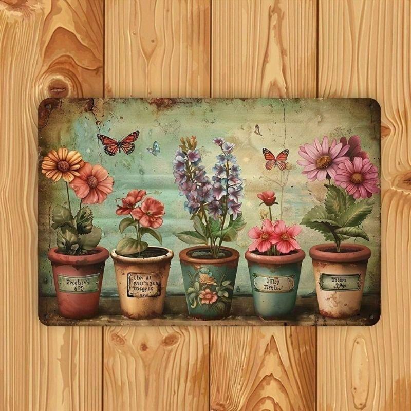 Vintage Garden Pots Metal Sign Retro Cafe Wall Decor Tin Poster