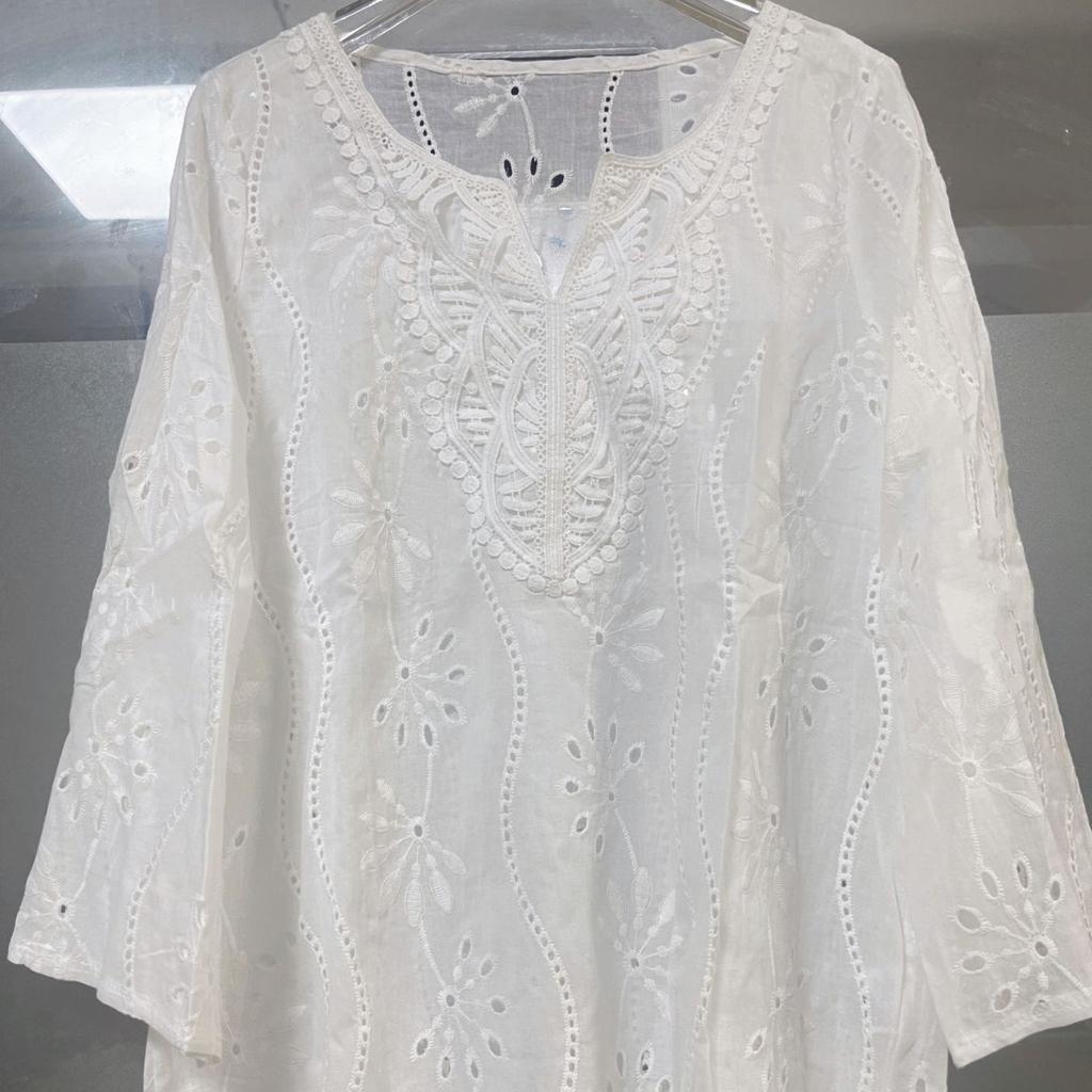 Women's Eyelet Embroidery 3/4 Sleeve Summer Notched Neck Boho Blouse Top