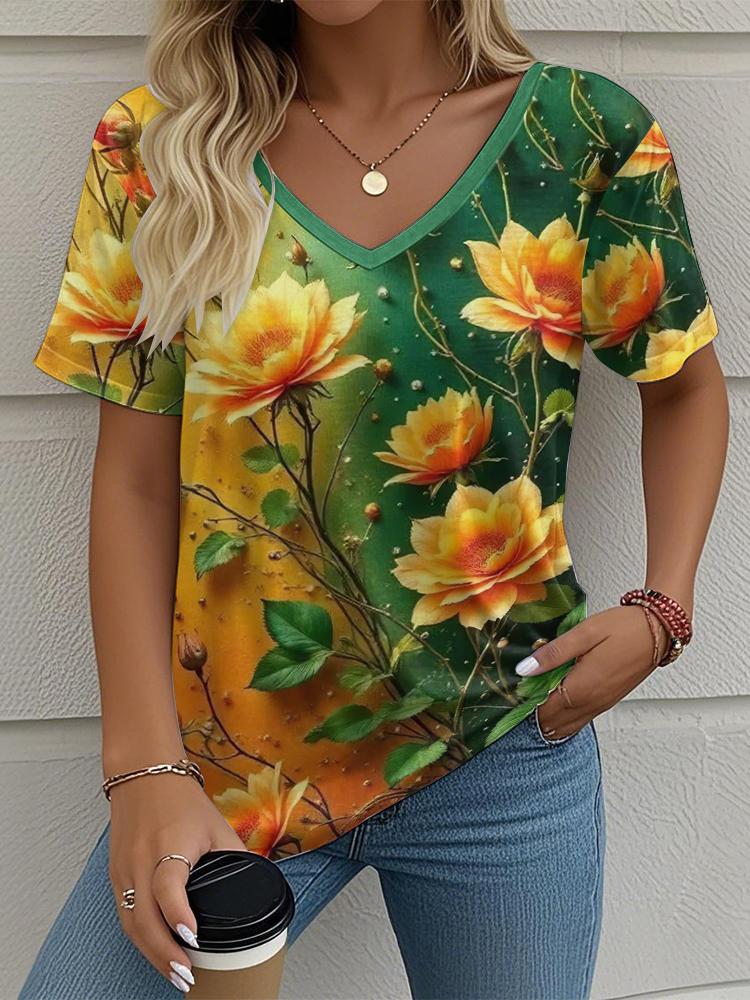 Flower Floral Painting 3D Print T-Shirts Women's V-Neck Short Sleeve T Shirt Y2K Oversized Tees Harajuku Tops Female Clothing