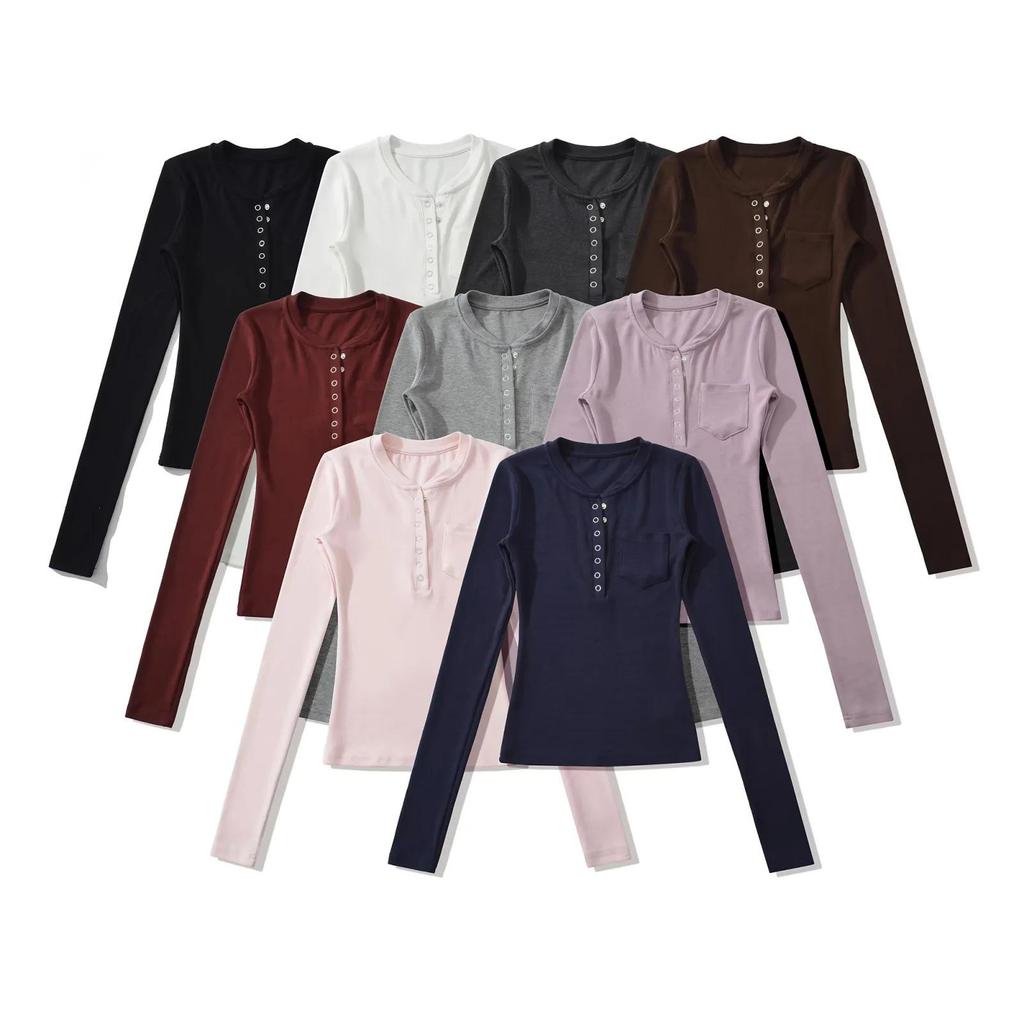 Women's Spicy American Button-Down Stand-Up Collar Faux Cashmere Slim Fit Base Layer Long Sleeve Top for Fall/Winter