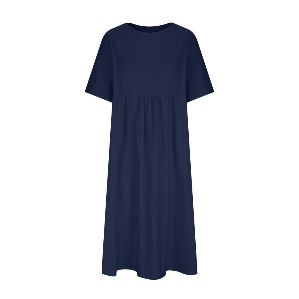 Übergröße Locker Baumwolle Leinen Rundhals Tasche Dreiviertelarm Midikleid