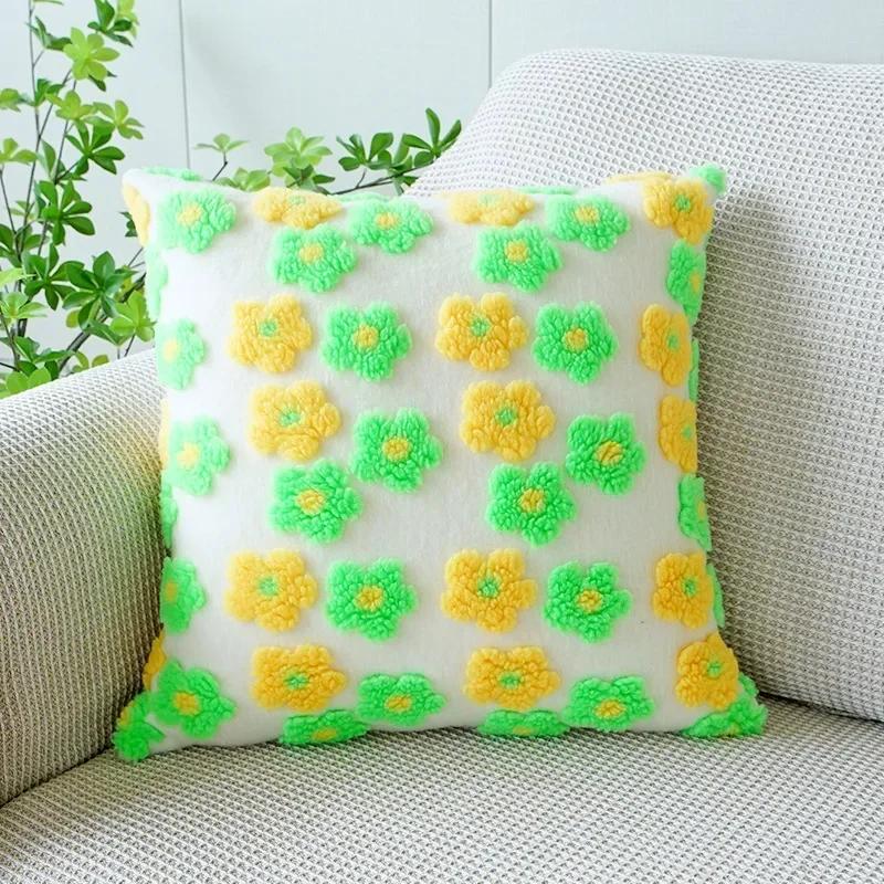 Three-dimensional Flowers Square Pillow Cover Imitation Lambswool Cushion Cover Jacquard Sofa Pillow Case Bedside Cushion Cover