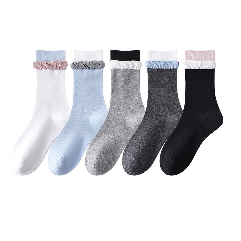 Boneless White Cotton Socks for Women, Pile Socks, Comfortable and Versatile, Lace Sweat-absorbing Midtube