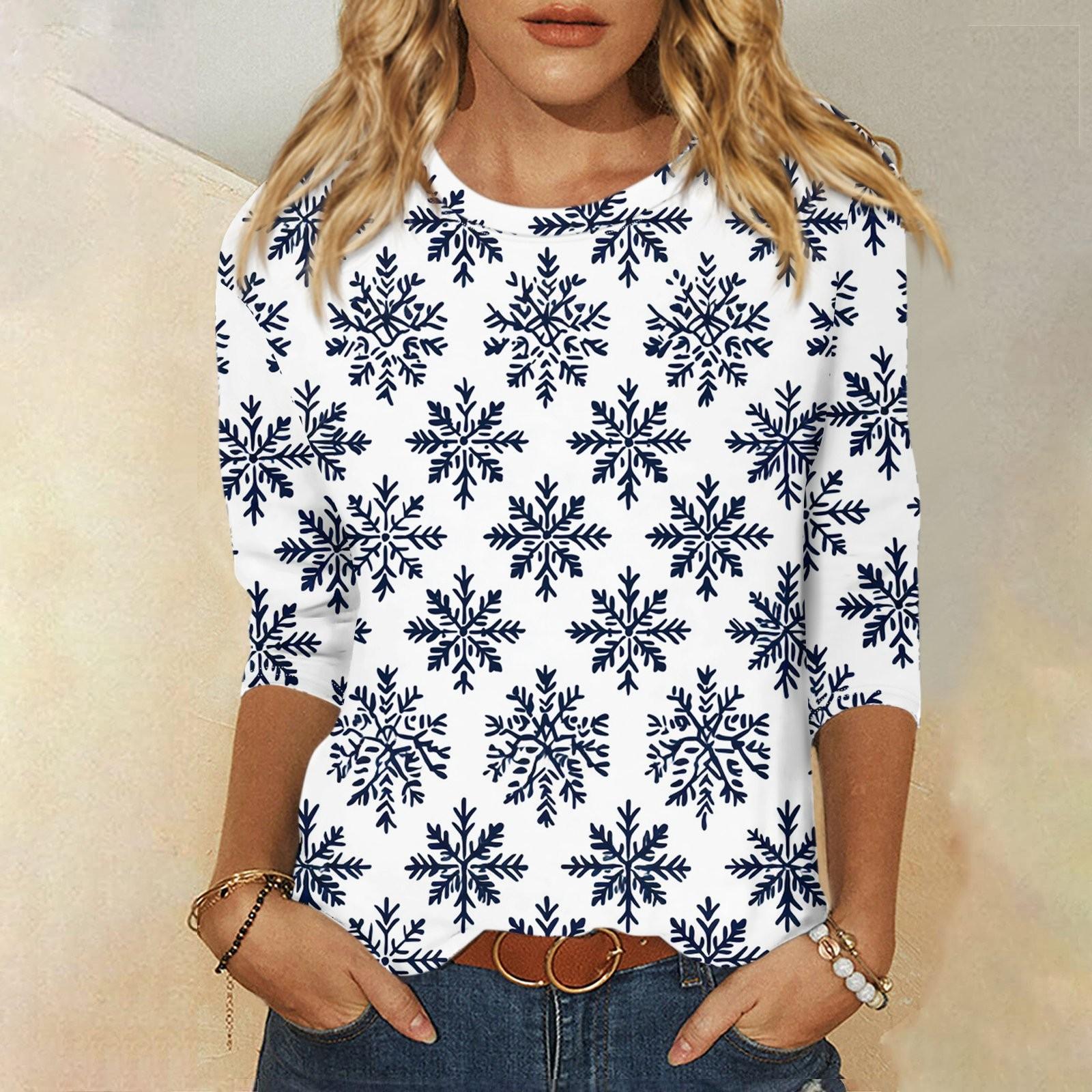 

Женская мода, повседневная свободная футболка с рождественским принтом и круглым вырезом, рукав 3/4, женский топ L