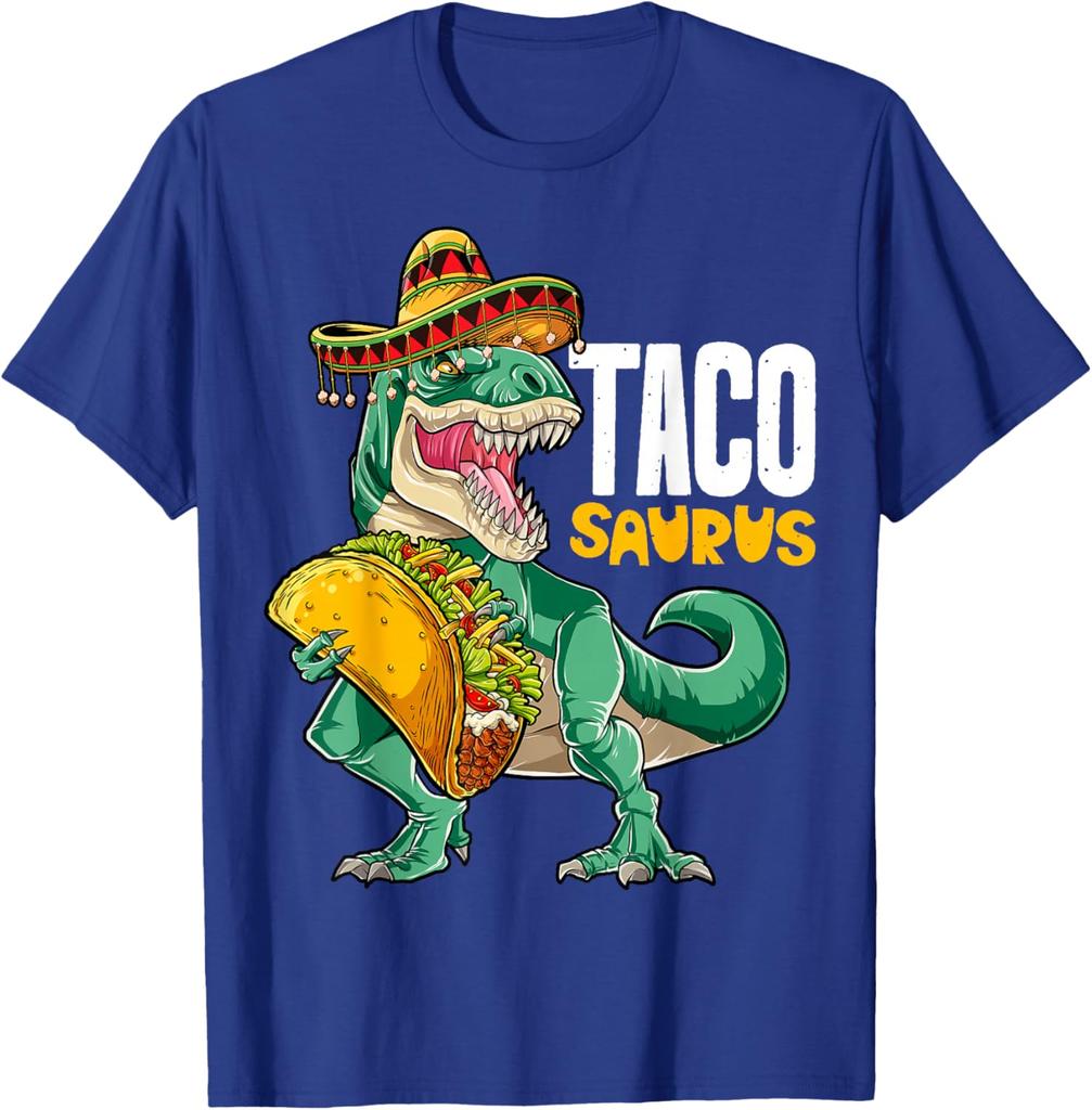 Tacosaurus Dinosaur mit Taco Sombrero Grafik T-Shirt Baumwolle Lässig Kurzarm T-Shirt für Herren