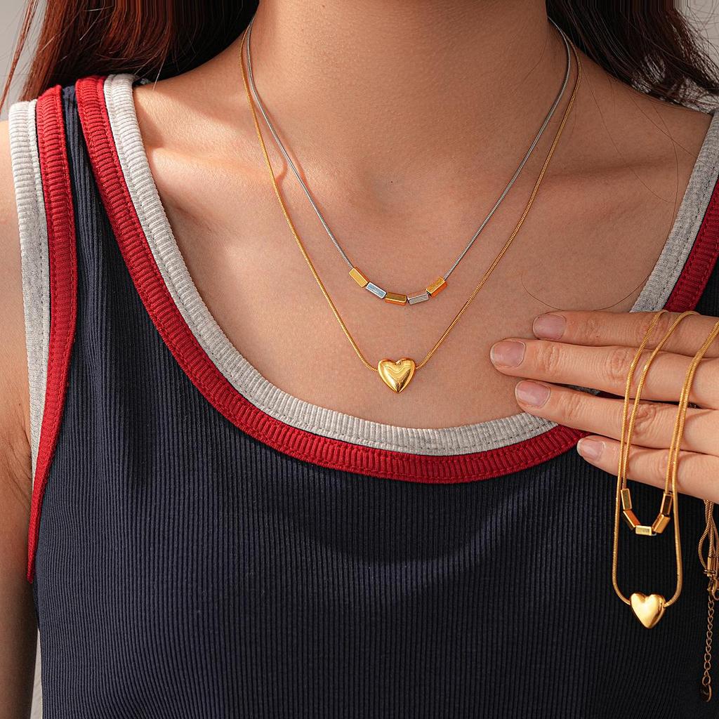 Stainless Steel Double Layer Heart, Star & Round Bead Necklace - Fashionable Clavicle Chain for Women, European, American High-End Style