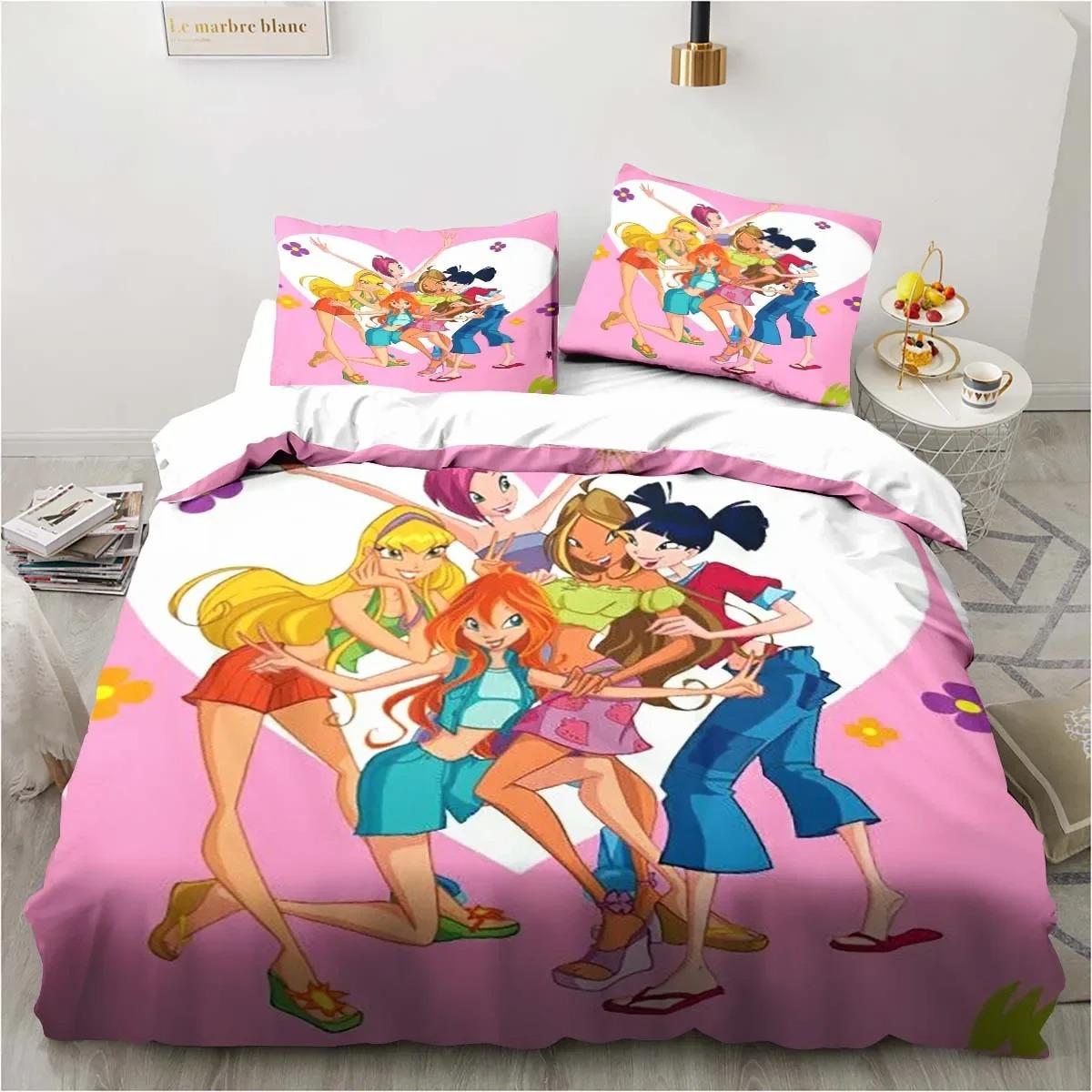 

Kawaii Аніме Вінкс Набір постільної білизни Ліжко Ліжко з трьох предметів Односпальне двоспальне ліжко розміру King Size Комплект ліжок для дорослих, дитяча спальня, набір підодіяльників, дитячий подарунок EU Single 135x200cm