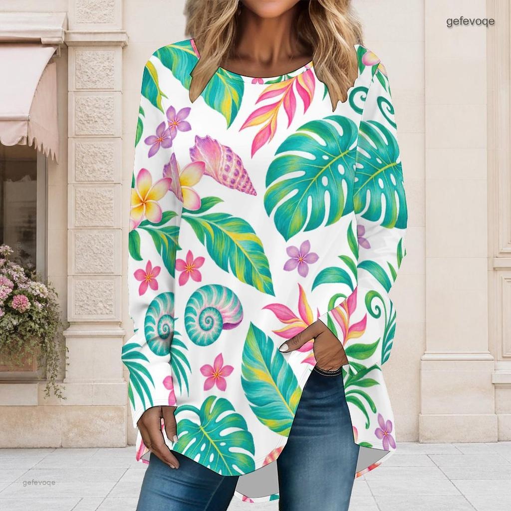 Women Plus Size Round Neck Long Sleeve Tropical Leaf Floral Printed Loose High Low Hem T Shirt
