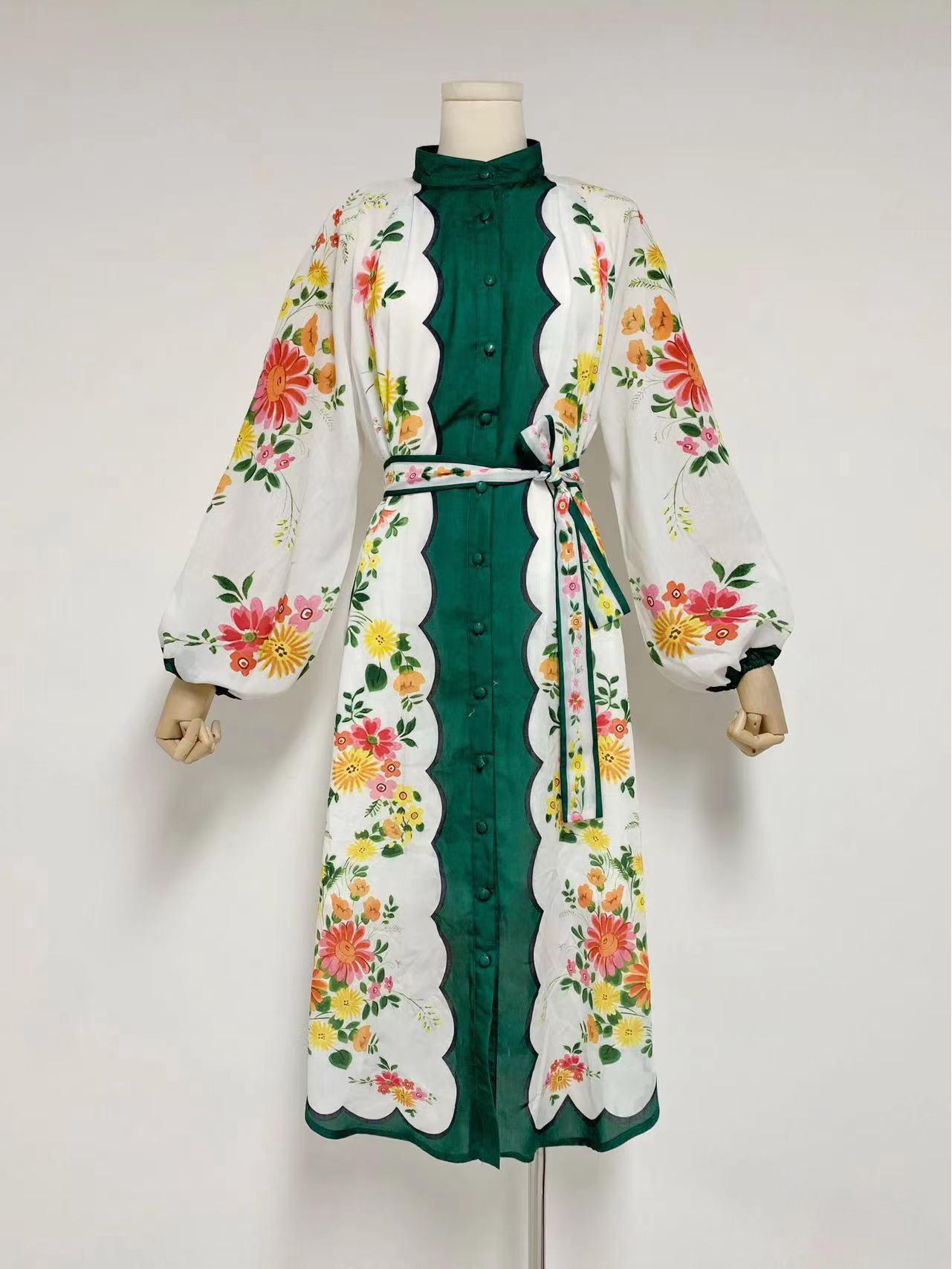 

Осеннее платье-кардиган с принтом 2023 года со стойкой, рукавами-фонариками и завязкой на талии - Приталенный крой, Повседневный стиль XL