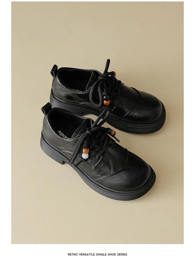 Augusdon Women's Black Lace-up Loafers, British Style, Thick Sole, Autumn 2025 Collection.