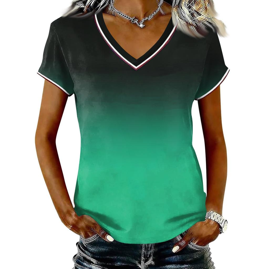 Camiseta Casual de Mujer con Cuello en V y Manga Corta, Jersey con Estampado Degradado, Tejido Ligero y Suave, Ajuste Cómodo