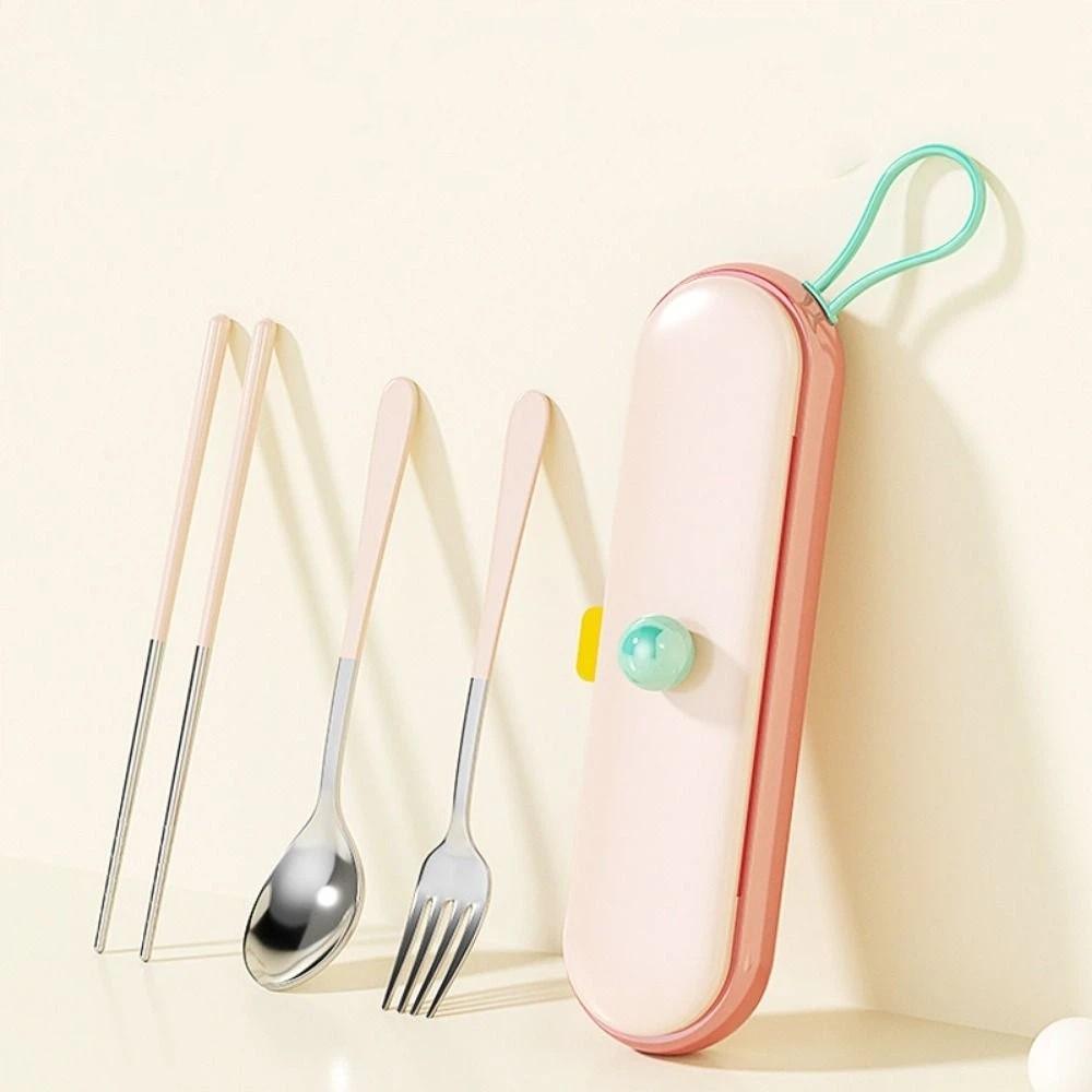 Cartoon Pattern Chopsticks Three-piece Set Stainless Steel Fork Dining Utensils Kit  Outdoor Dining