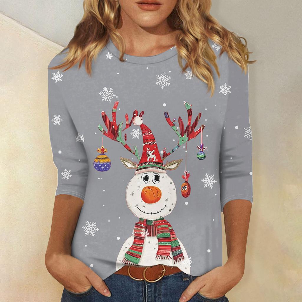 3/4 Sleeve Shirts For Women Print Christmas Tees Blouses Casual Plus Size Basic Tops Pullover