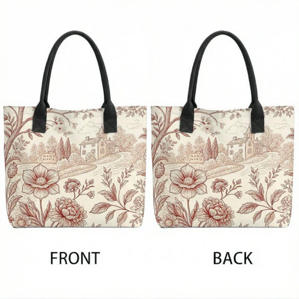 Vintage Floral Pattern Tote Bag Large Capacity Daily Use Canvas Shoulder Bag for Women