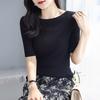 Women Tops Slim Fit Solid Color Ribbed T-Shirt Round Neck Half Sleeve