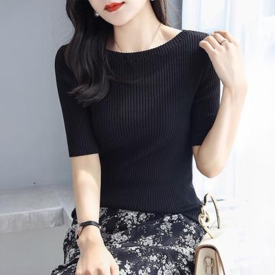 Yousheng Women Tops Slim Fit Solid Color Ribbed T-Shirt Round Neck Half Sleeve Elastic Pullover Tops Daily Wear