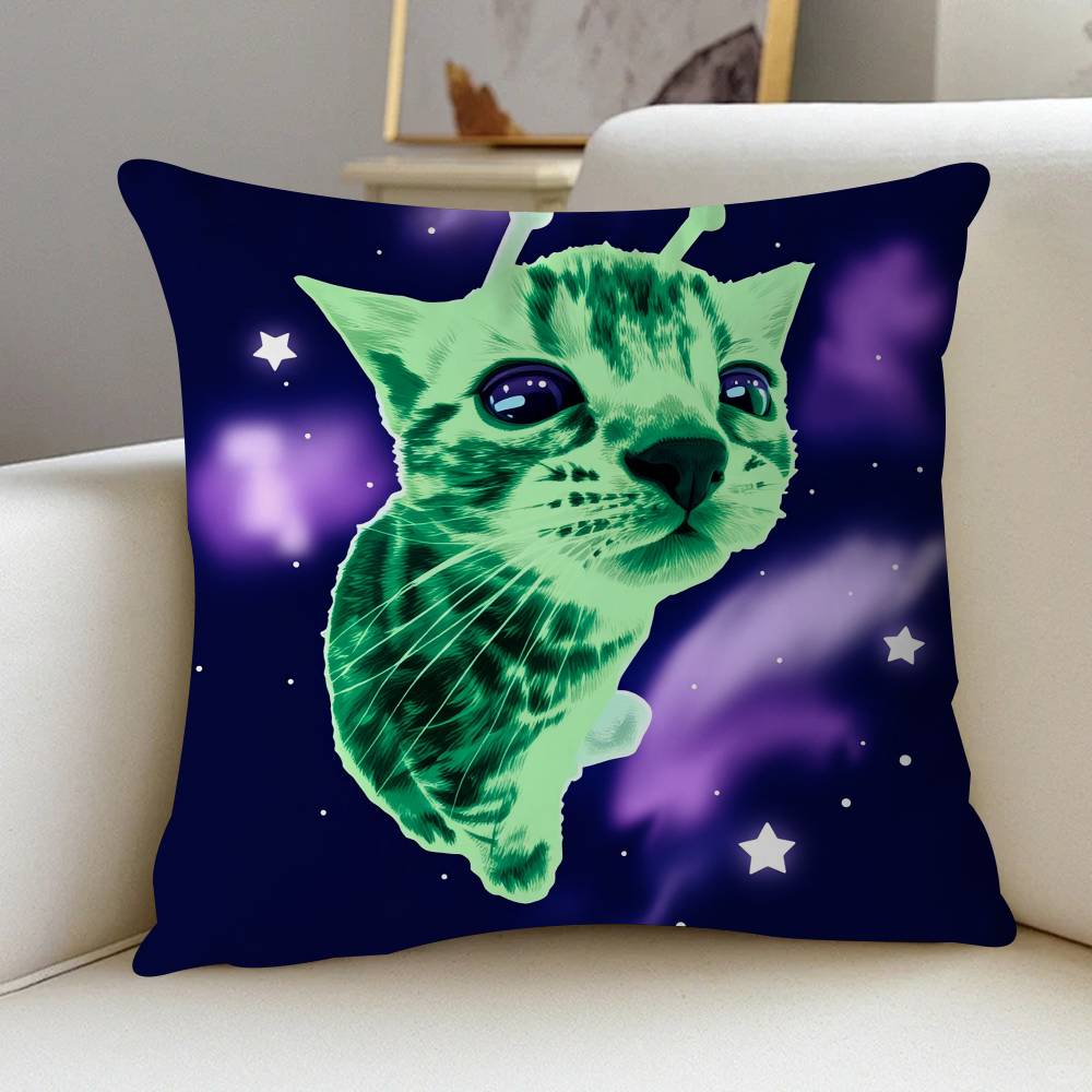 Cute Funny Green Alien Cat Pillow Cover Design Cushion Cover Decor Holiday Decorati