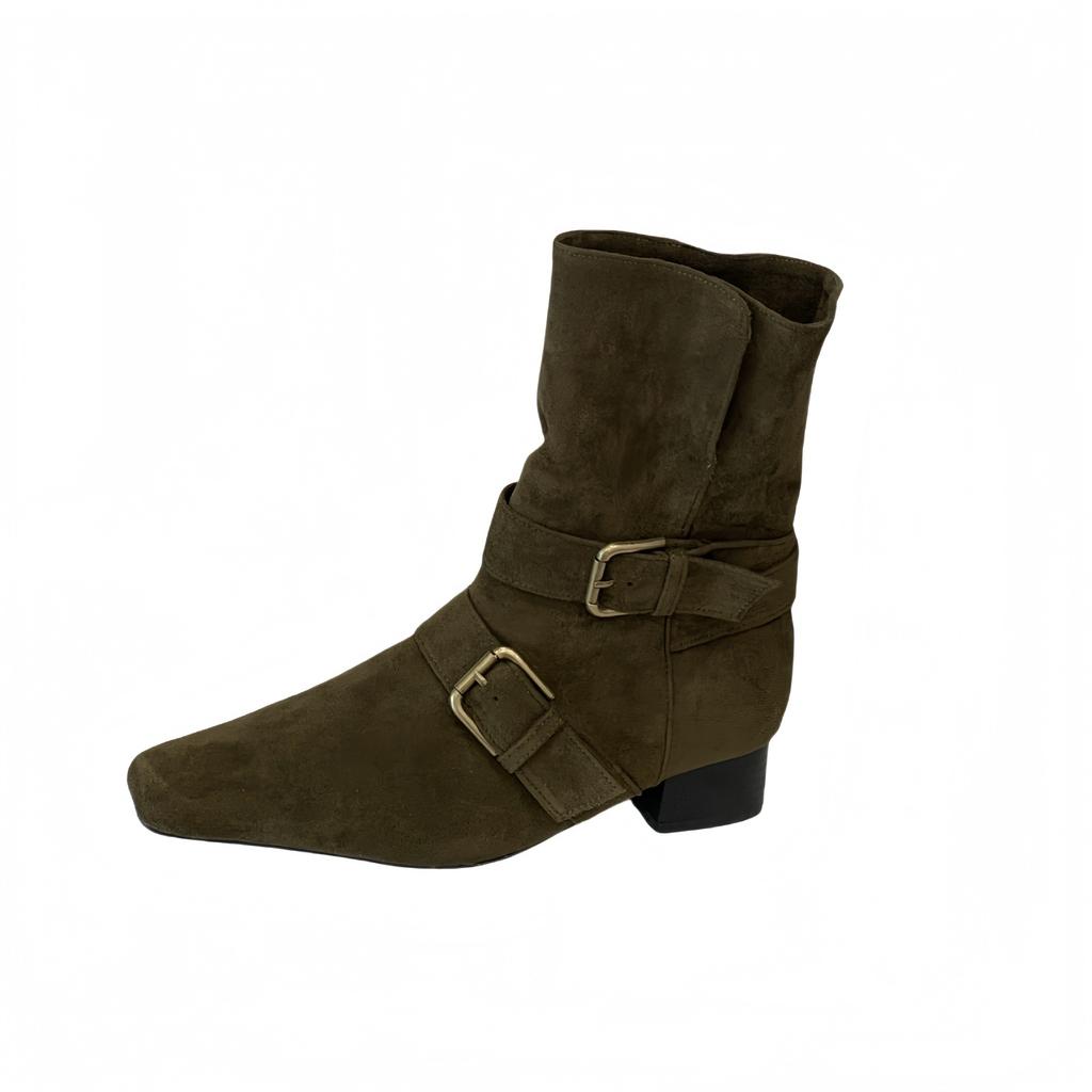 2025 Korean Version of the New Niche Design Retro French Short Boots Small Square Head Western Boots Suede Medium Boots Women's Boots