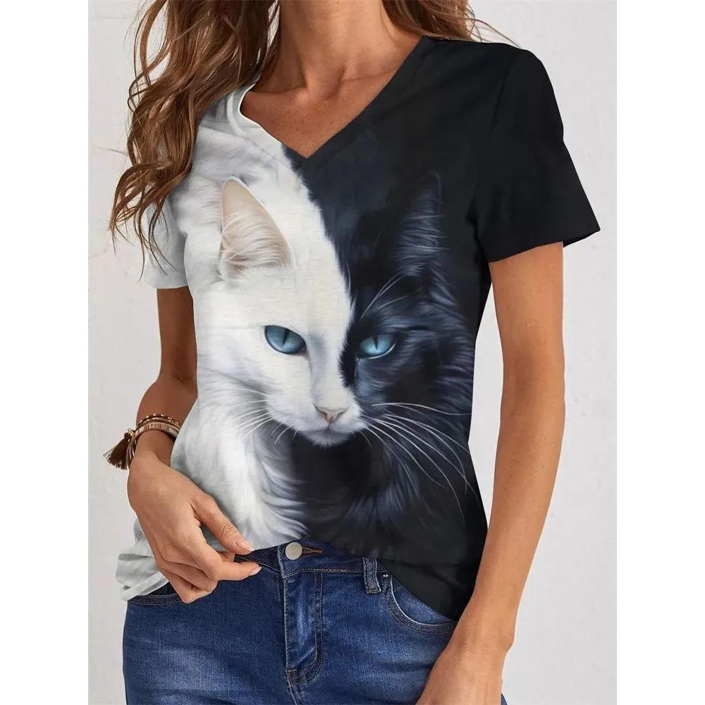 

Summer V-neck Cute Cat Pattern 3D Printed Top Fashionable Casual Short Sleeved Women s T-shirts S