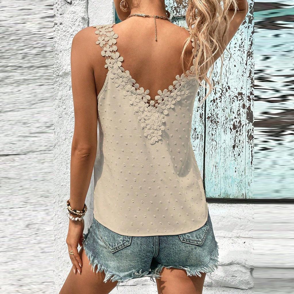 Top da donna casual traspirante con scollo a V in pizzo senza maniche