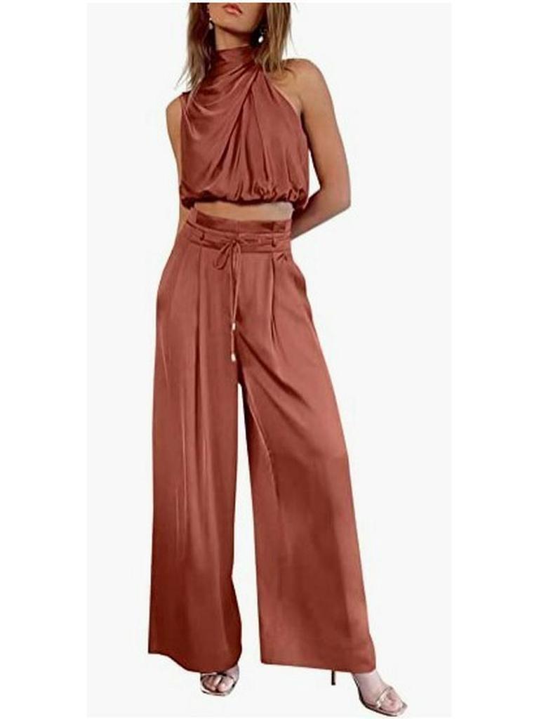 Damen Ärmelloses Stehkragen Crop Top & Weitbein Hose Set