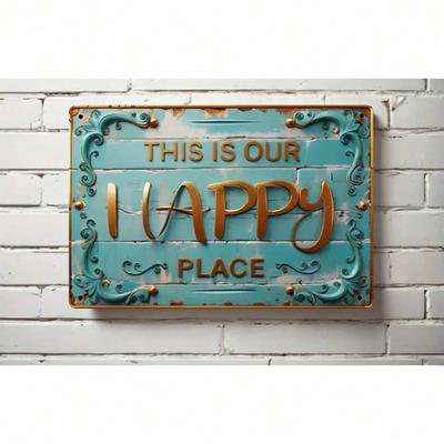 Cartello in Metallo Vintage "Questo È il Nostro Posto Felice", Decorazione Murale con Cornice Floreale Intricata, Elemento d'Arredo Rustico per Spazi Familiari