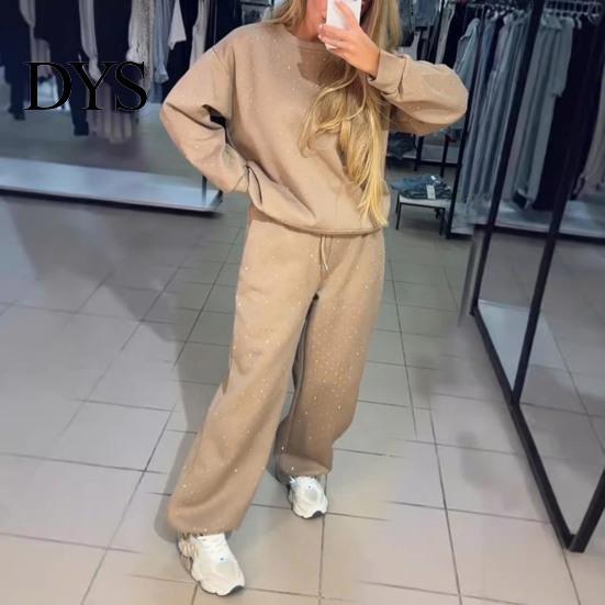 Women Spring Suit 2 Pcs/Set Top Pants Round Neck Long Sleeves Rhinestone Decor Sweatshirt Tracksuit Elastic Waist Wide Leg Trousers Daily Wear