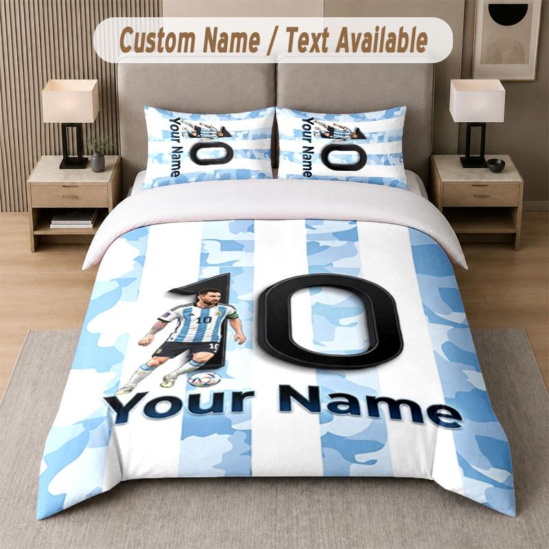 Custom Bedding Set Lionel Messi Pattern, Print Name Text 1 Duvet Cover plus 2 Pillowcases Home Textile