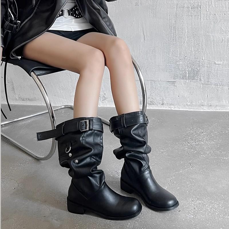 But knee boots women's 2025 autumn new thick heel round head thin tall knight boots western fold pile boots