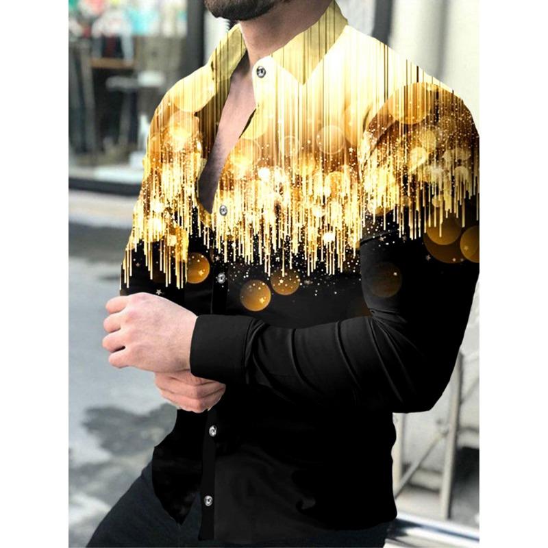 2024 Nouvelles Chemises Hawaïennes Chemises à Motifs Dorés de Luxe Mode Homme Chemises Décontractées Manches Longues Revers Chemises de Plage Vêtements pour Homme