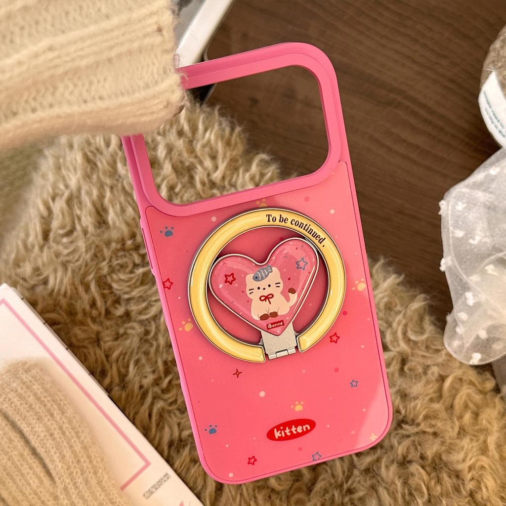 Adorable Kitten Heart-Shaped Stand Phone Case for iPhone 16, iPhone 17, iPhone 17 Pro Max