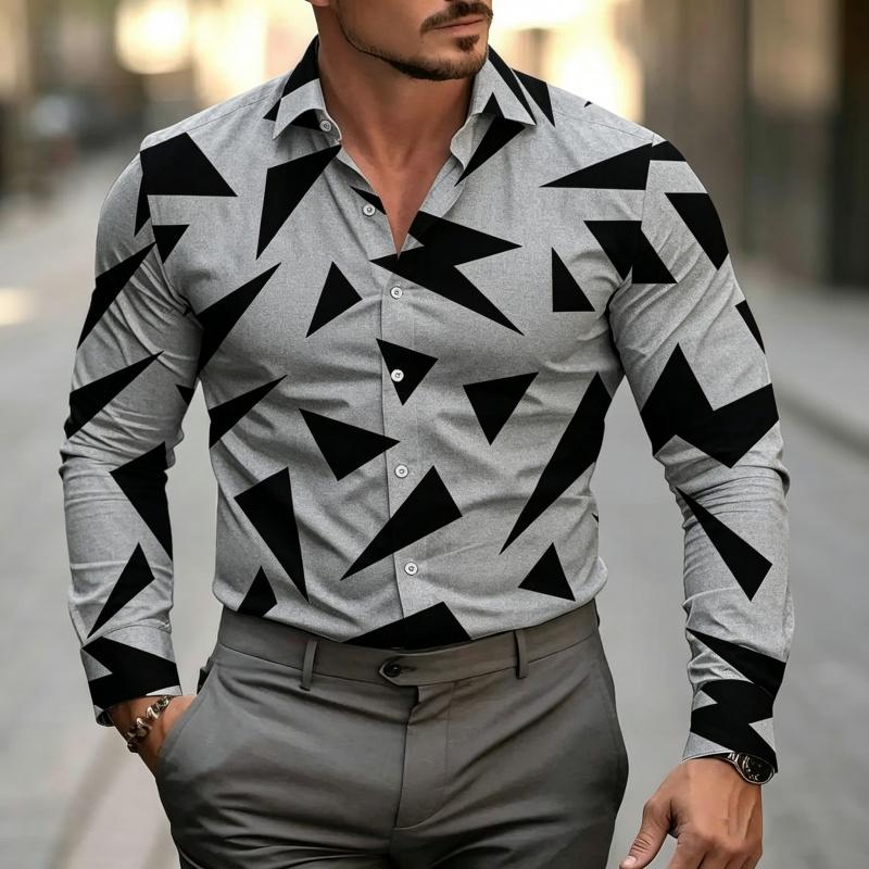 Men's Geometric Triangle Print Dress Shirt Long Sleeve Button Down Casual Slim Fit Business Party Tops For Men