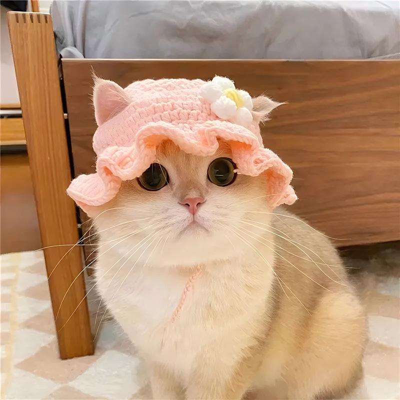 Pet Hat Hand-made Cat Hat Elastic Woven Cap Puppy Kitten Headwear Knitted Hat Party Photo Shoot Props Decoration Cat Accessorie