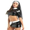 Womens Shiny Metallic Patent Leather Nun Cosplay Costume Outfits Lingerie Sets
