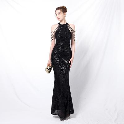 Vestido de noche elegante con cola de pez y lentejuelas largas para banquete