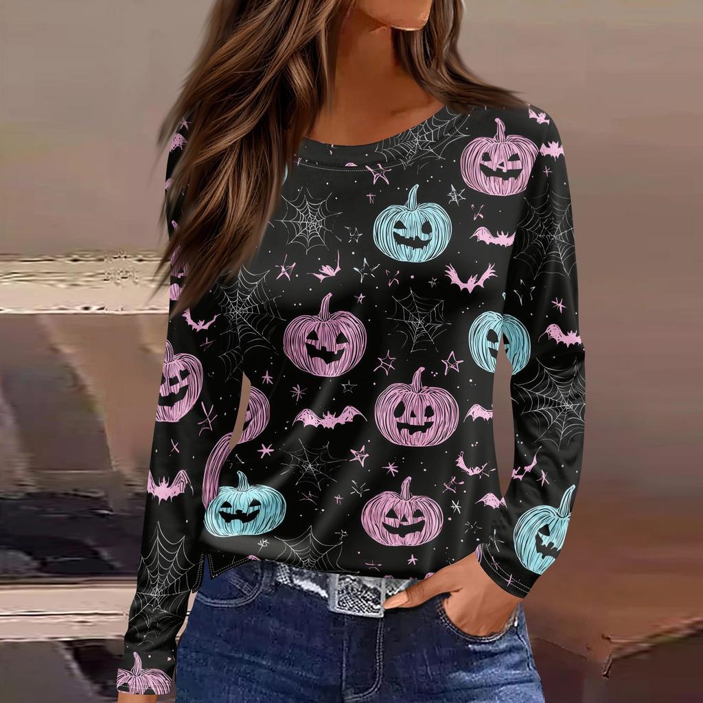 Haut à manches longues et col rond pour femme avec imprimé Halloween et fente latérale à l'ourlet pour un look décontracté de fête