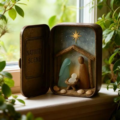 Adorno Escena de la Natividad Costera Arte de Vidrio Marino Hecho a Mano Mini Escena de la Natividad en Lata Coleccionable Decoración Sagrada Familia Regalo Cristiano para Océano