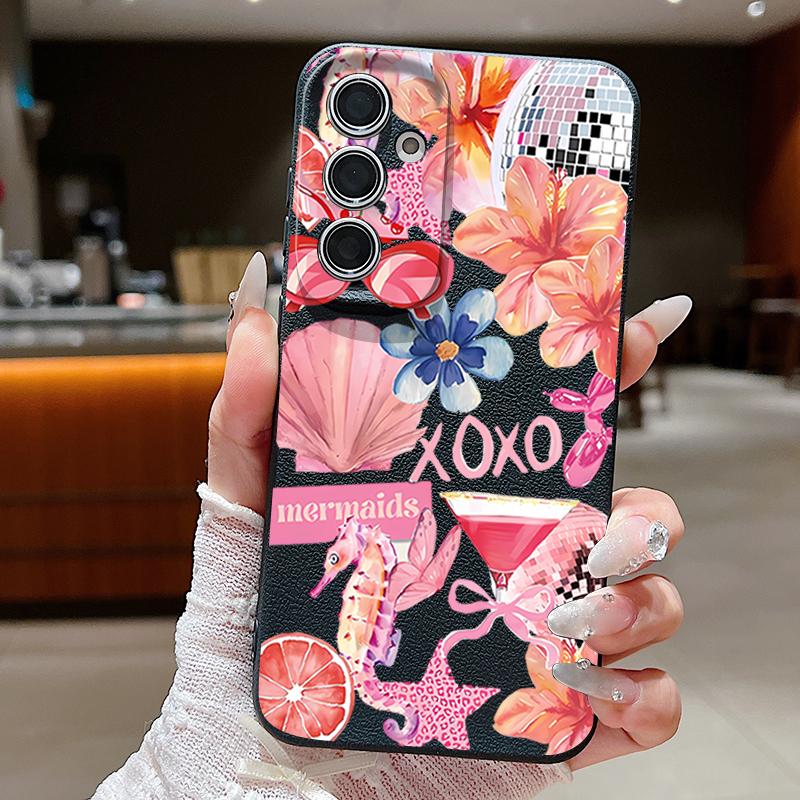 Pink Cartoon Pattern Floral Case For Samsung Galaxy A57 A56 A55 A54 5G A37 A36 A35 A34 A17 A16 A15 A14 Leather Texture Silicone Cover