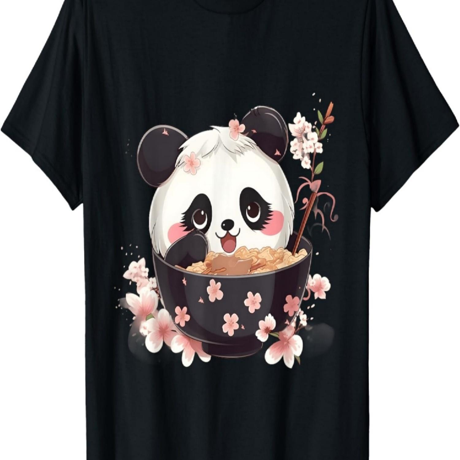 Otaku Kawaii Anime Panda Eat Ramen Noodles Cherry Blossom T-Shirt(4) S
