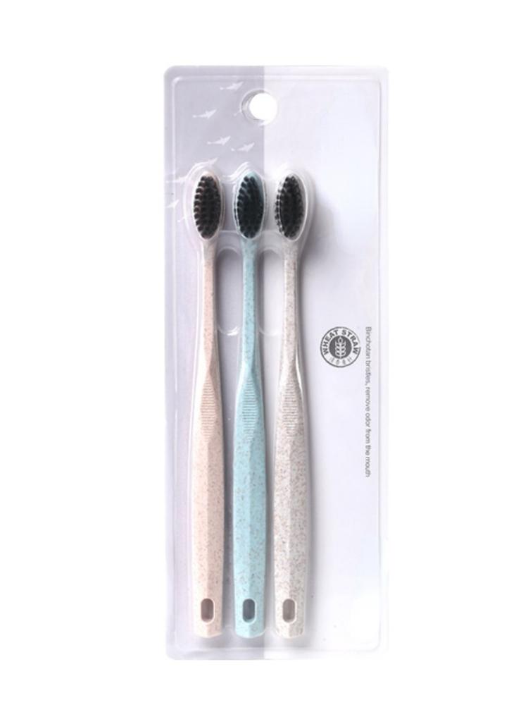 Long Charcoal Medium Soft Bristles Wheat Straw Family Combination 3 Soft Bristles Toothbrush