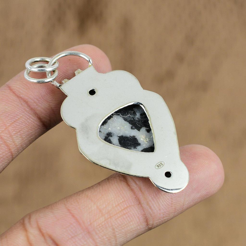 Sterling Silver Pear Natural Zebra Jasper Black Onyx Birthday Pendant Jewelry