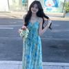French Blue Floral Spaghetti Strap Dress for Women, Summer 2026 New Stunning Beach Vacation Long Dress