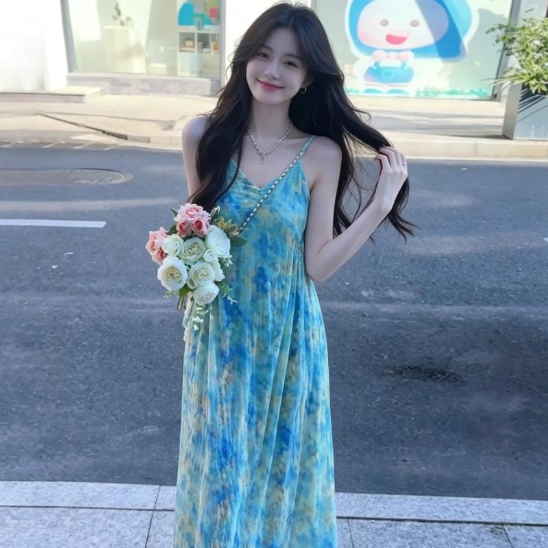 French Blue Floral Spaghetti Strap Dress for Women, Summer 2026 New Stunning Beach Vacation Long Dress